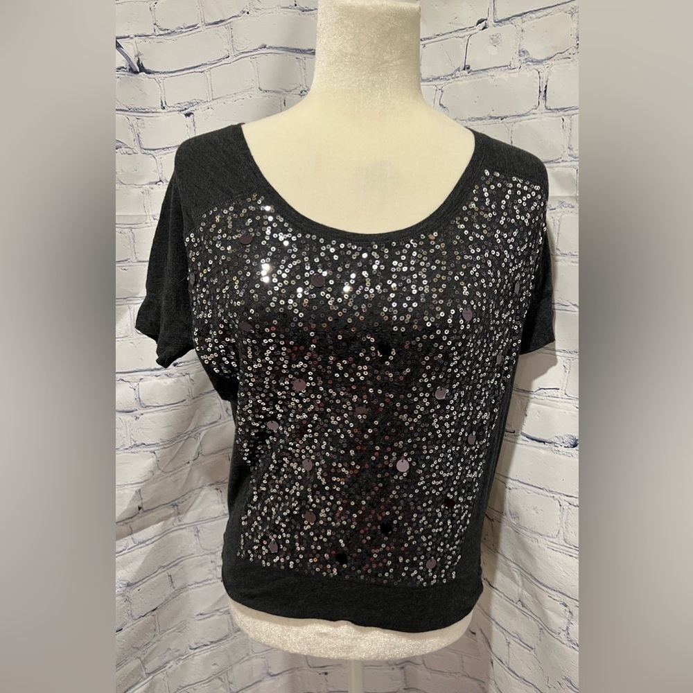 EXPRESS Sequin Bling  Blouse Top Dress Shirt Sparkly Gray X Small